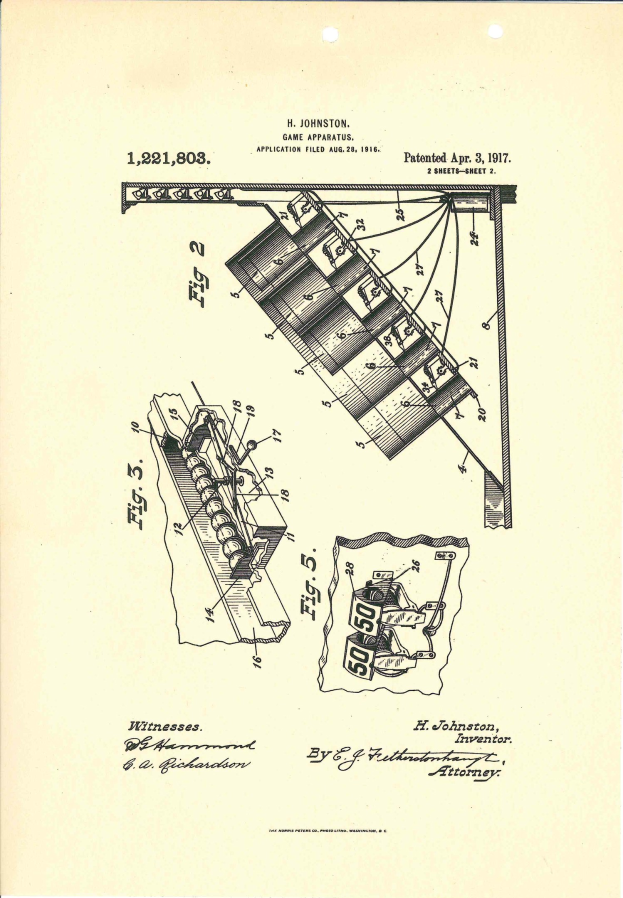 Schwarz-weiß-technische Zeichnung eines patentierten Spielgeräts, das als "Game Apparatus Patent 1,221,803" bezeichnet ist, mit nummerierten Bauteilen.