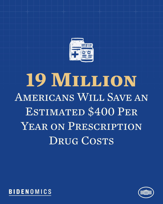 Ein blauer Hintergrund mit weißer Schrift und einem Logo, das '19 Millionen Amerikaner werden geschätzte 400 USD pro Jahr an Arzneikosten sparen' lautet.