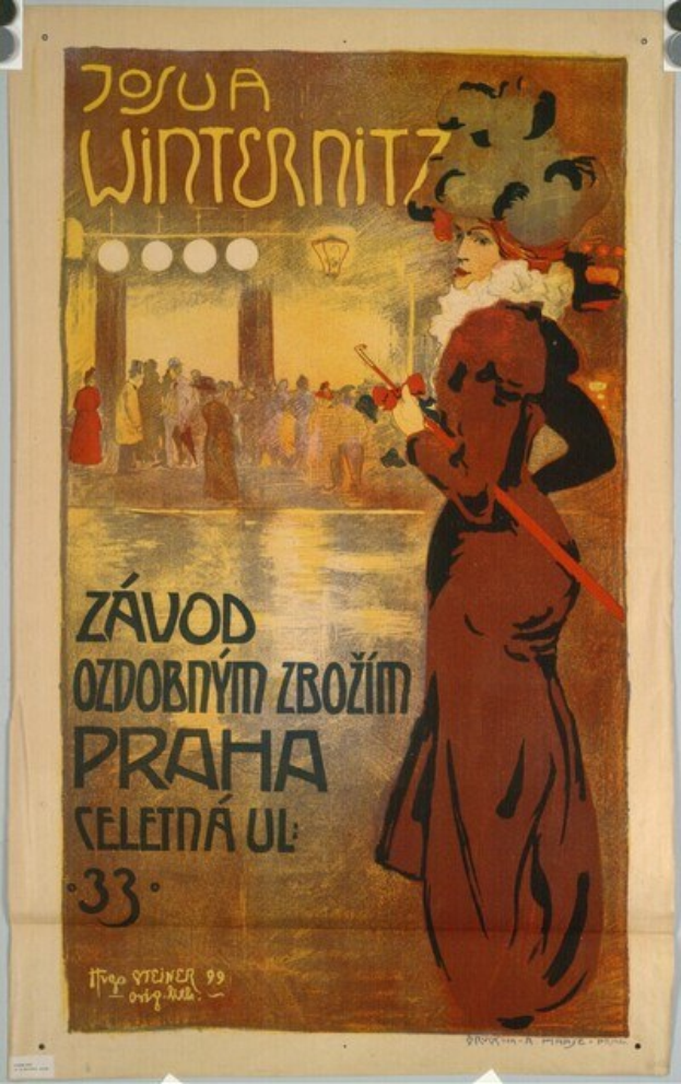 Ein Plakat für ein Winterfest in der Tschechischen Republik, das eine Frau in einem roten Kleid in der Mitte zeigt, umgeben von einer Menge und beleuchtet von Lichtern, mit Text, der Festivaldetails enthält.