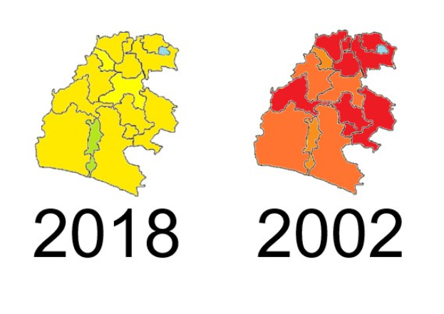 Karte von Deutschland, die die provinziellen Grenzen von 2002 in rot und 2018 in gelb hervorhebt, mit orangefarbenen Überlappungsbereichen auf einem weißen Hintergrund.