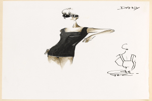 Eine Skizze einer Frau in einem tiefschwarzen Kleid mit hohem Kragen und langen Ärmeln, die klassische Pilotenbrille trägt und ein elegantes Bob-Haarschnitt hat, steht selbstbewusst mit geschlossenen Augen und leicht geöffneten Lippen da.