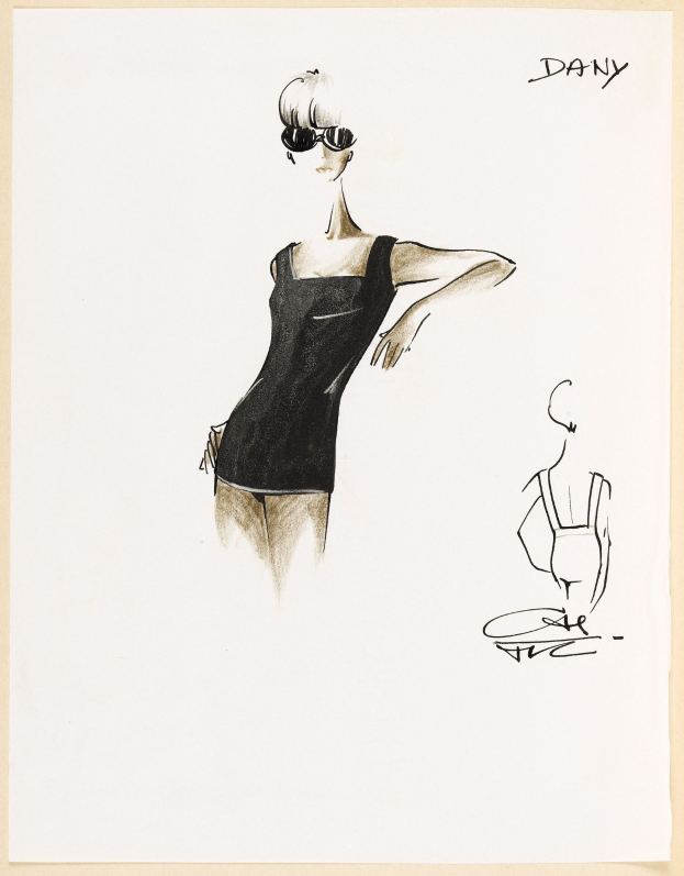 Eine Skizze einer Frau in einem tiefschwarzen Kleid mit hohem Kragen und langen Ärmeln, die klassische Pilotenbrille trägt und ein elegantes Bob-Haarschnitt hat, steht selbstbewusst mit geschlossenen Augen und leicht geöffneten Lippen da.