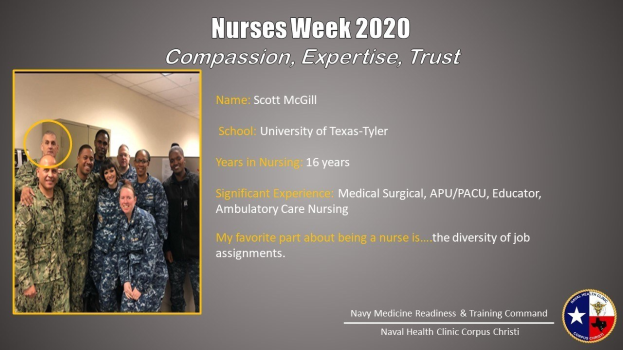 Eine Gruppe von Menschen, die auf der linken Seite lächeln, mit einer Wand und Decke im Hintergrund, und Text, der "Nurses Week 2020: Mitgefühl, Expertise, Vertrauen" neben einem Logo auf der rechten Seite liest.