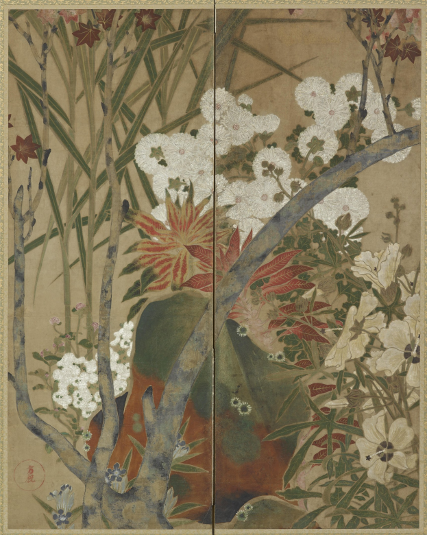 Japanisches Faltbildschirm mit einer detaillierten Malerei von leuchtenden Blumen und Pflanzen in einer üppigen Landschaft.