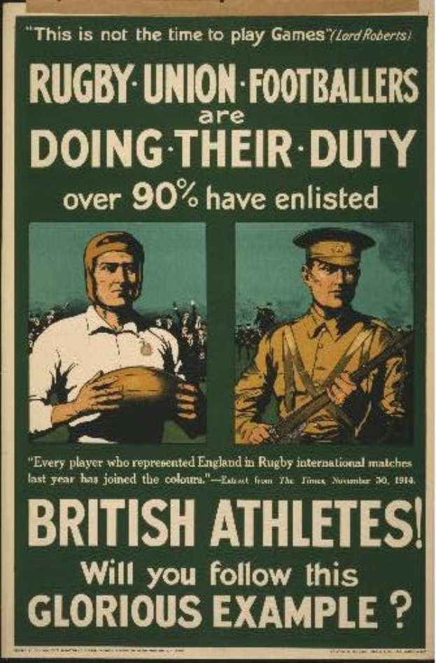 Plakat mit zwei Rugbyspielern in Militäruniformen mit Text über britische Athleten im Kriegsdienst.