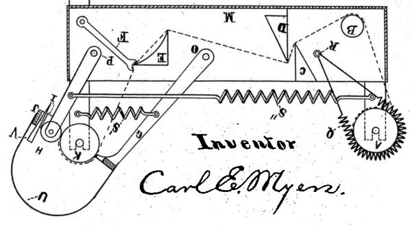 Schwarz-weiß-Zeichnung einer Maschine mit einem Zifferblatt, beschriftet als Erfindung der Windturbine von Carl E. Meyer, begleitet von erklärendem Text.
