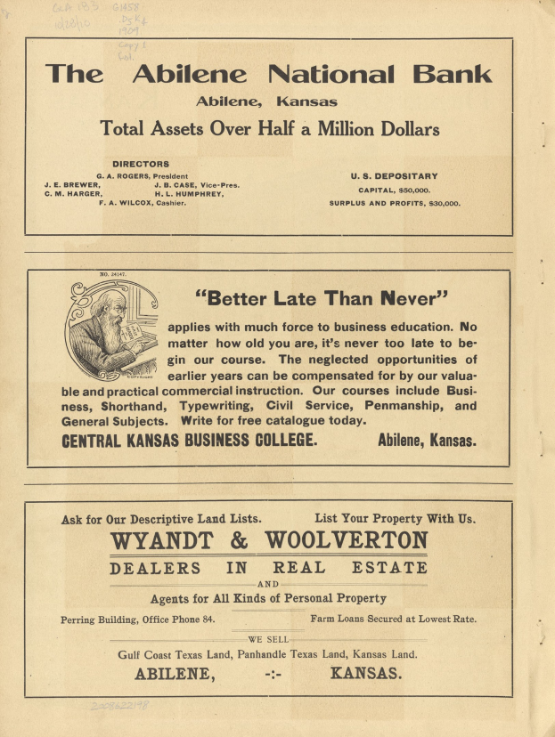 Schwarze und weiße Zeitungsanzeige für die Abilene National Bank mit einer Person in der Mitte und Text, der die Dienstleistungen beschreibt.