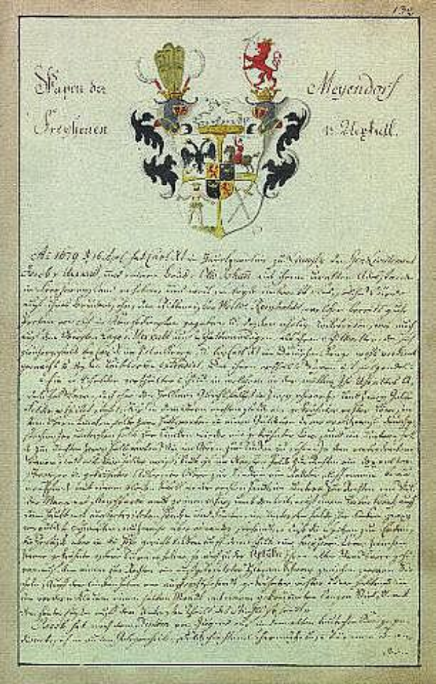 Ein altes Dokument mit einem Wappen, unterzeichnet vom König von Sachsen, mit Text und einem Logo, das die Familie des Königs repräsentiert.