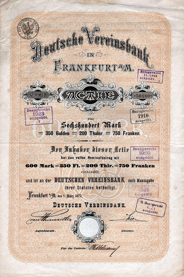 Altes deutsches Aktienzertifikat der Deutschen Vereinsbank, Frankfurt, auf Papier mit sichtbarem Text gedruckt.