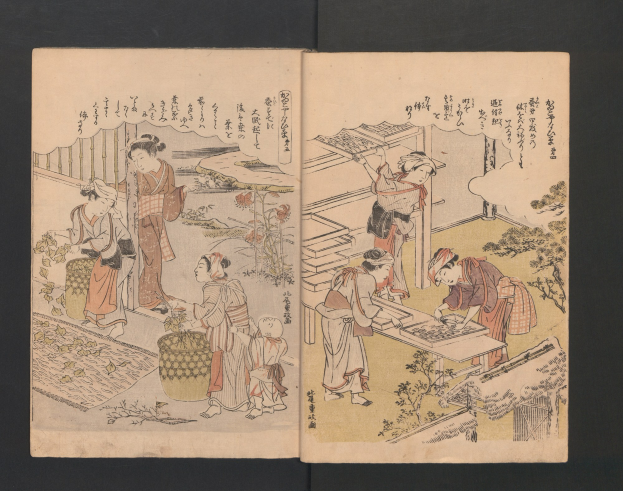 Ein traditionelles japanisches Ukiyo-e-Druck aus der Serie *Fifty-Three Stations of the Tokaido*, das eine GartenSzene mit Menschen in Kimonos zeigt, die Aktivitäten wie Schach betreiben, umgeben von üppiger Vegetation unter einem hellblauen Himmel.