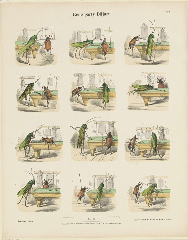 Eine Seite aus einem Buch mit einer Zeichnung einer Heuschrecke neben anderen Insektilustrationen und beschreibendem Text.