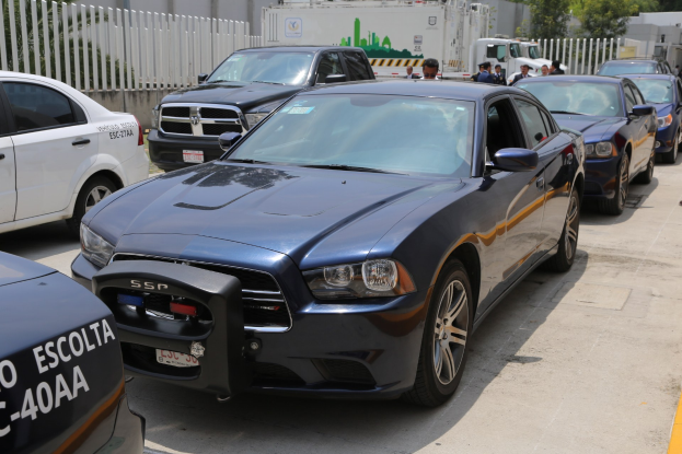 Eine Gruppe von Polizeiwagen nebeneinander auf einem Parkplatz geparkt, mit Menschen auf der Straße im Vordergrund, ein Zaun, Bäume, Gebäude und einen klaren blauen Himmel im Hintergrund.