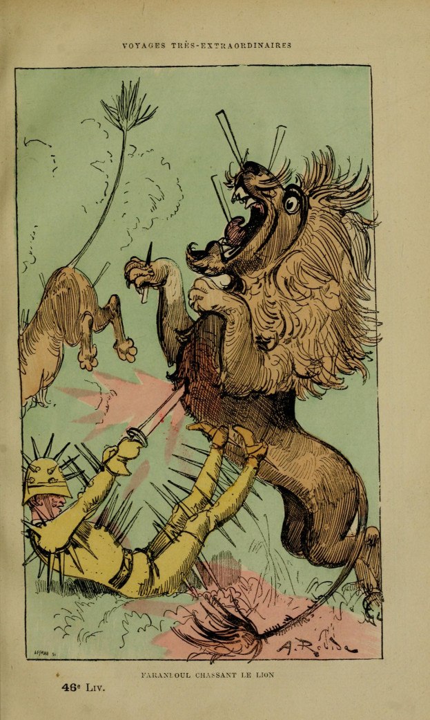 Buchumschlag mit einem Löwen, der einen Schwert schwingenden Mann in einem Helm angreift, wobei das Wort 'Löwe' zu sehen ist.