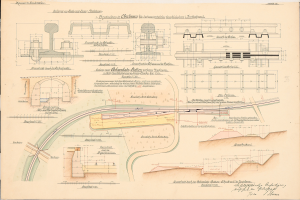 Altes Buch mit detaillierten Zeichnungen und Text zu einem Eisenbahnlayout, einschließlich einer Illustration einer Eisenbahnschiene.