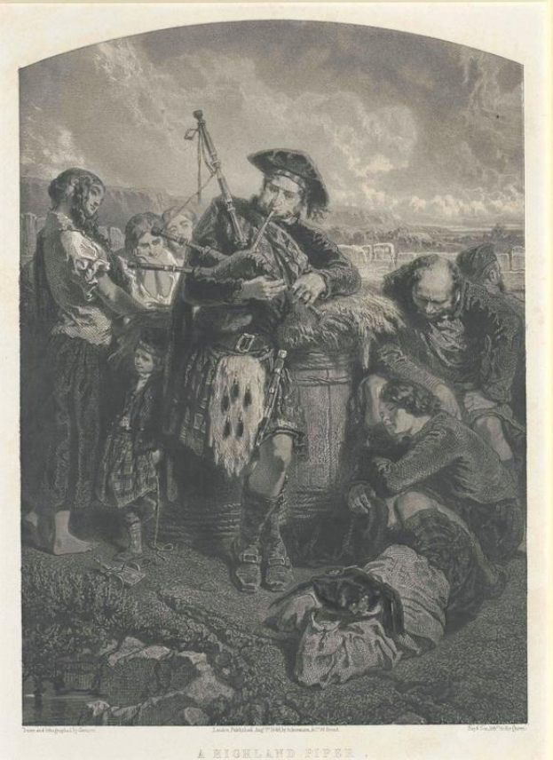 Schwarze und weiße Gravur eines Mannes, der vor einem Publikum unter einem bewölkten Himmel eine Dudelsack spielt, mit der Aufschrift "Ein Highland-Pfeifer" unten.