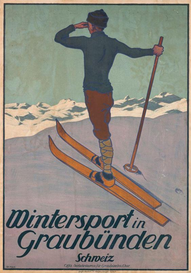 Eine Person auf Skiern mit einem Stock in der Hand vor schneebedeckten Bergen im Hintergrund auf einem Plakat, das einen Wintersport in Graubünden, Schweiz, bewirbt, mit Text, der Informationen über den Sport bereitstellt.