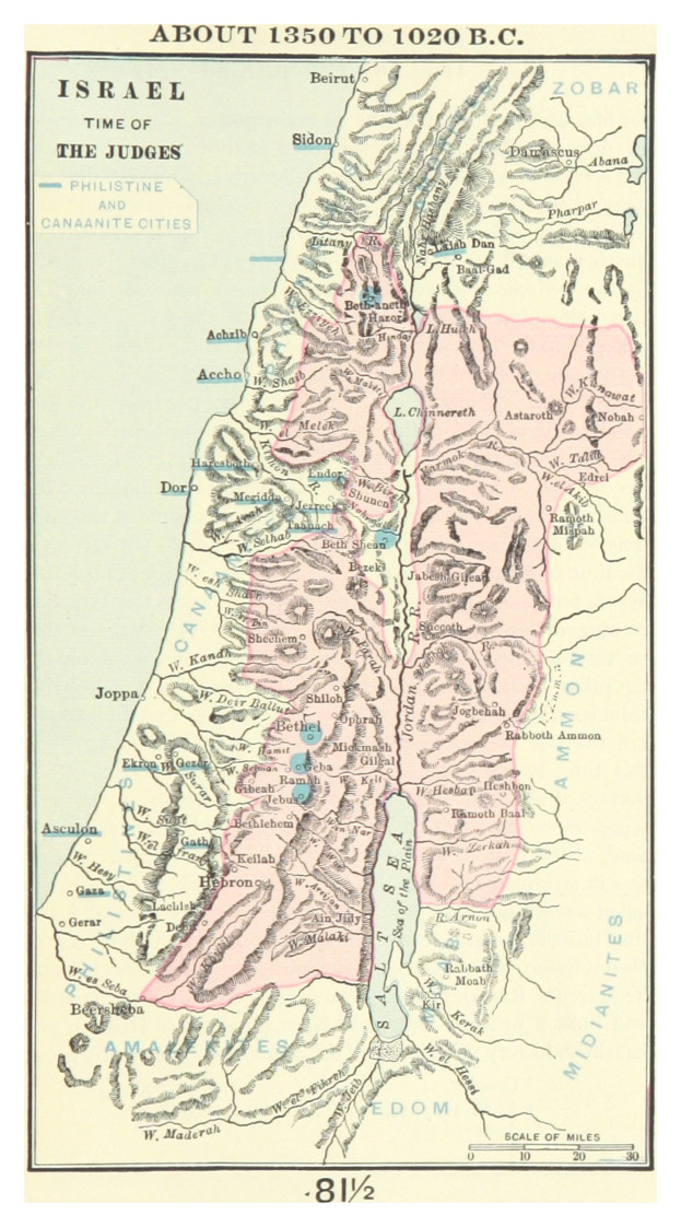 Eine detaillierte Karte Israels von 1850 bis 1920, die die Zeit der Richter zeigt, mit verschiedenen Städten, Dörfern und Grenzen, begleitet von informativen Texten.