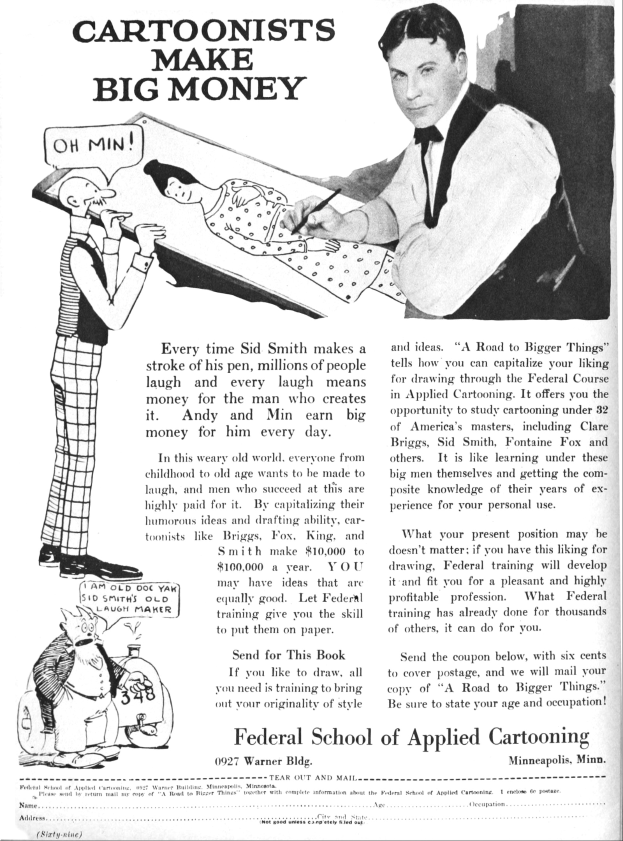 Werbung für die Bundesakademie für Angewandte Cartoonistik mit einem Mann im Smoking zwischen einer Frau im Kleid und einem anderen Mann, mit der Aufschrift "Cartoonisten verdienen viel Geld."