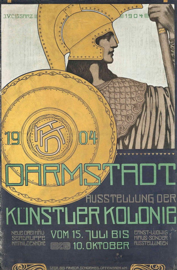 Ein Plakat, das ein Konzert in Berlin im Jahr 1904 ankündigt, zeigt eine Person in einem Helm, die ein Schild hält, mit 'Darmstadt' und 'Kunstler Kolonie' in fetter Schrift.