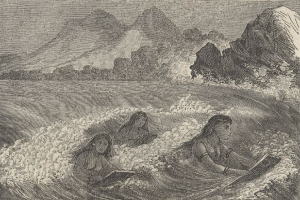 Drei Frauen sitzen im Meer und halten Bücher in den Händen, mit Bergen im Hintergrund, in einem schwarz-weißen Bild mit der Aufschrift "Das Buch Mormon" unten.