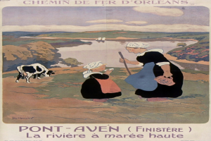 Ein Plakat, das einen Bauernhof in Frankreich bewirbt und zwei Frauen und eine Kuh zeigt, mit Text, der die Szene beschreibt.