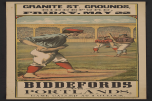Ein Plakat eines Baseball-Spiels zwischen Biddeford und Portland, das einen Mann in einem Baseball-Outfit mit entschlossener Miene zeigt.