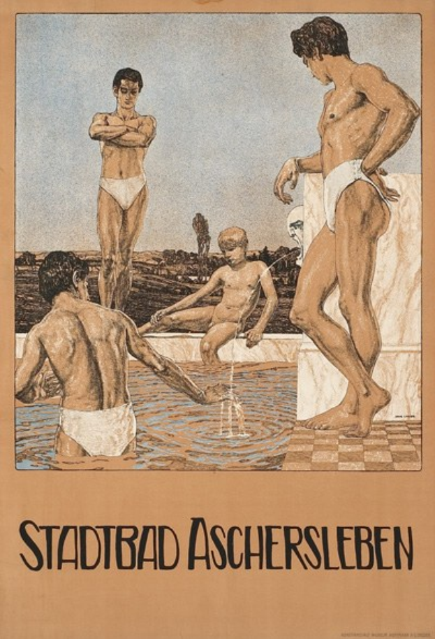 Plakat wirbt für ein Schwimmbad in Aschersleben, Deutschland, mit Menschen im Wasser und Text über die Pool-Anlagen.