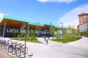 Eine Gruppe von Fahrr√§dern, die vor einem modernen Geb√§ude mit Glasw√§nden und Pfeilern in Rotterdam, Niederlande, geparkt sind, umgeben von B√§umen, Laternenm√§sten und Fahrzeugen auf der Stra√Ÿe mit Menschen, die herumlaufen und einem bew√∂lktem Himmel im Hintergrund.