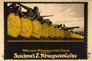 Ein deutscher Propagandaplakat aus dem Zweiten Weltkrieg, das eine Gruppe von Helmet tragenden, bewaffneten Individuen mit dem Text "Wiener Kommmerzial Bank" am unteren Rand zeigt.