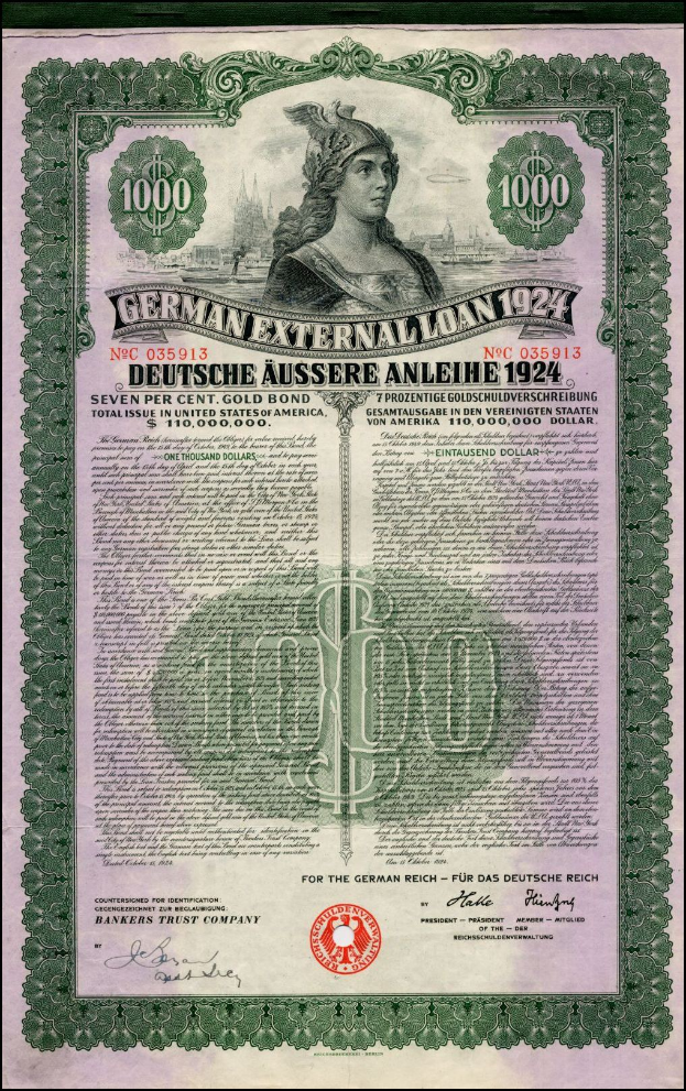 Deutsches Auslandsanleihe-Zertifikat von 1924 mit einem Porträt einer Frau, mit gedrucktem Text und numerischer Bezeichnung.