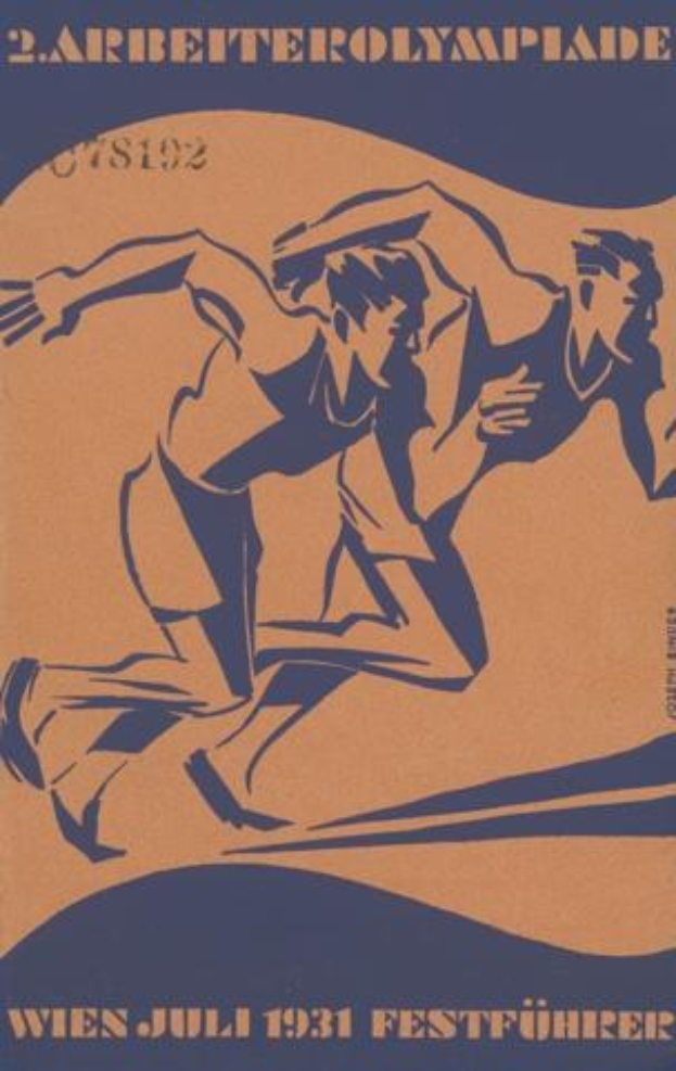 Plakat für die Olympischen Spiele 1932 in Berlin, das zwei Läufer im Vordergrund zeigt und Text mit Veranstaltungseinzelheiten.