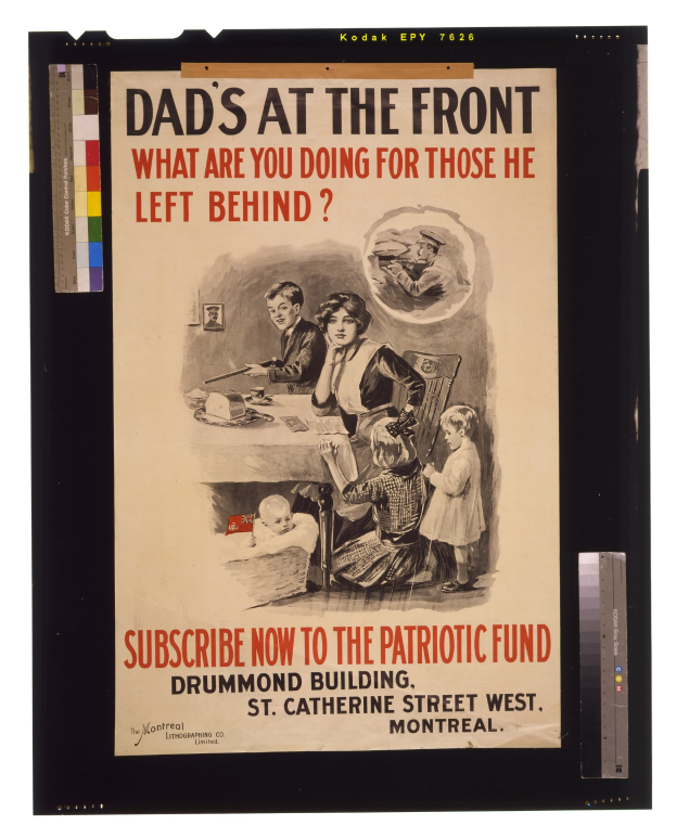 Schwarzes Plakat mit einer Gruppe von Menschen und dem Text "Dads at the Front: Was tust du für die Zurückgelassenen?"