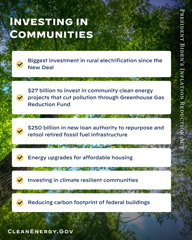 Plakat mit Bäumen und Himmel im Hintergrund, das Text über Investitionen in die ländliche Elektrizität enthält.