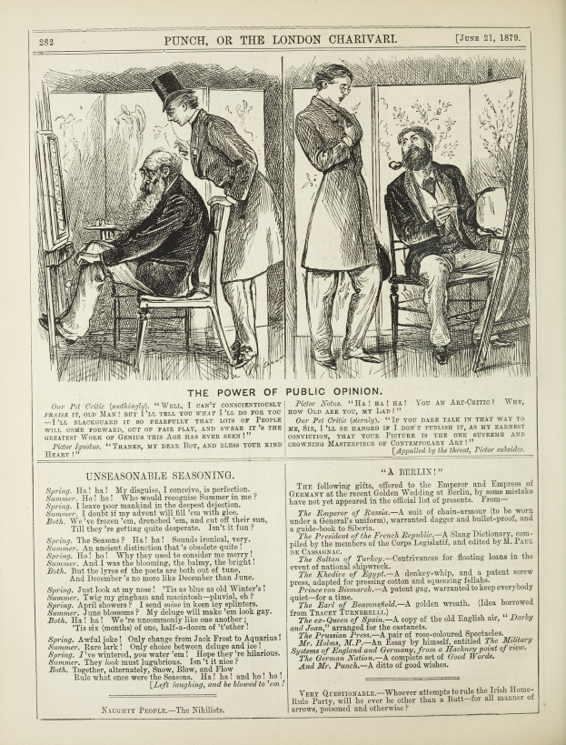 Ein altes Buch mit einer Zeichnung eines Mannes in einem Anzug, der in einem Stuhl sitzt und einen ernsthaften Gesichtsausdruck hat, und einer Frau, die neben ihm steht und nachdenklich aussieht, betitelt mit "Die Macht der öffentlichen Meinung".