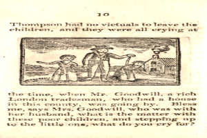 Eine handgezeichnete Abbildung auf Papier zeigt einen besorgten Mann, der zwei weinende Kinder hält, mit der Beschriftung "Thompson hatte keine Opfer, um die Kinder zu lassen, und sie weinten alle zu der Zeit" darunter.