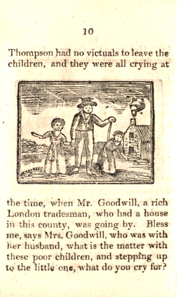 Eine handgezeichnete Abbildung auf Papier zeigt einen besorgten Mann, der zwei weinende Kinder hält, mit der Beschriftung "Thompson hatte keine Opfer, um die Kinder zu lassen, und sie weinten alle zu der Zeit" darunter.