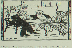 Eine Zeichnung einer Gruppe von Menschen, die um einen Tisch sitzen und sich unterhalten, mit dem Text "Die Schneidergewerkschaft im Einsatz" unten.