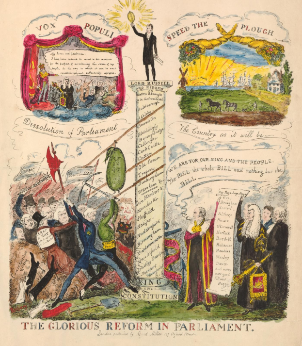 Ein farbenfrohes illustriertes Dokument mit der Überschrift "Die glorreichen Reformen im Parlament", das mutige Texte und verschiedene lächelnde Menschen zeigt, die Fortschritt und Hoffnung symbolisieren.