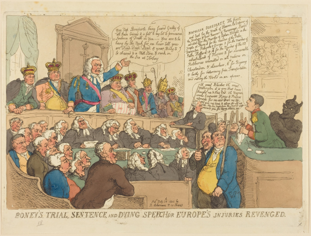 Cartoon-Illustration eines Gerichtssaals mit einem zentralen stehenden Mann, einer sitzenden Jury und einem Tisch mit Gegenständen, betitelt 'Boney's Trial, Sentence, and Dying Speech Europe's Injuries Revenged.'