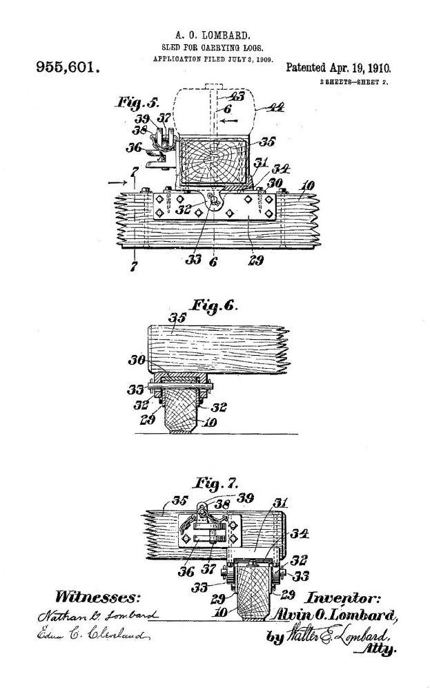 Patentzeichnung einer numerisch annotierten Holzlade-Schlittenmaschine auf altem Papier mit handgeschriebenem Text.