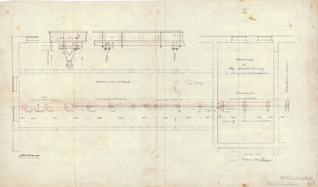 Detailzeichnung einer Eisenbahnschiene auf Papier mit Anmerkungen zu ihren Bauteilen und Verbindungen.
