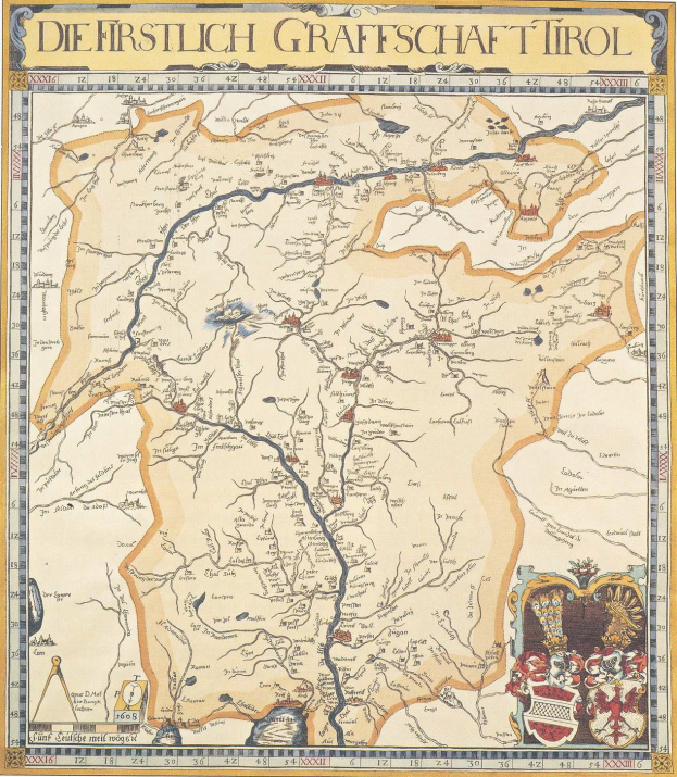 Ein Plakat einer historischen Karte der ersten Grafschaft Tirol, das geografische Merkmale wie Flüsse, Berge und Städte zeigt, begleitet von erklärendem Text.