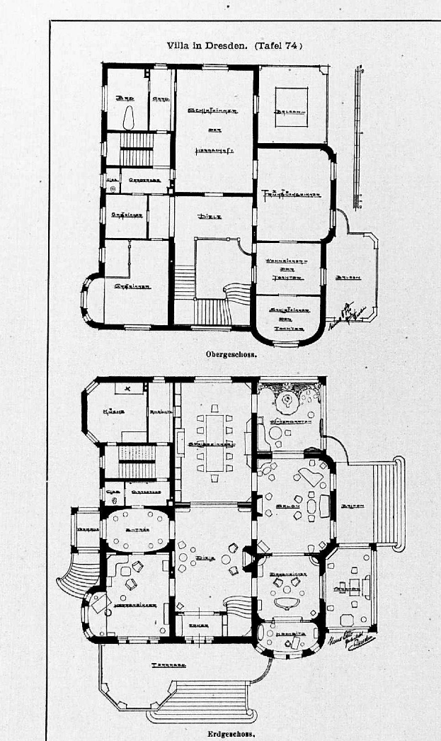 Ein Schwarz-Weiß-Entwurf eines Hauses, das als die Villa in Dresden, Deutschland, identifiziert wird, mit Text, der das Layout, die Anzahl der Räume und die Raumgrößen beschreibt.