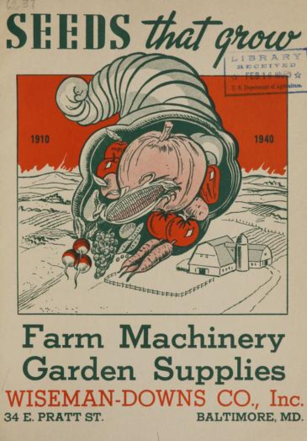Ein Vintage-Plakat von Wiseman-Downs Co., Inc., das verschiedene Landmaschinen und Gartenzubehör zeigt, mit beschreibendem Text.