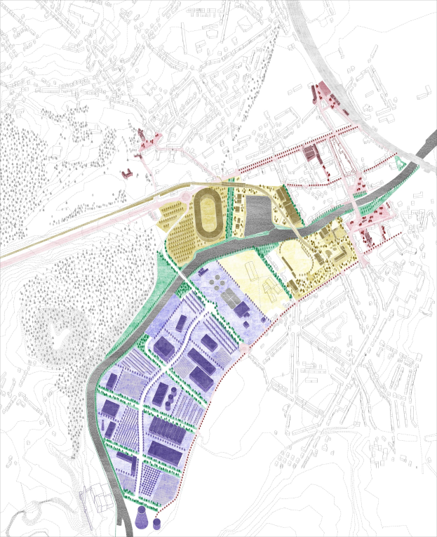 Vorgeschlagener Lageplan für die neue Stadt London als farbcodierte Karte mit beschrifteten Bereichen und Text oben und unten angezeigt.