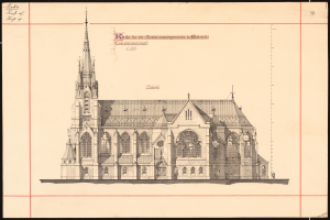 Ein detailliertes Bild des Berliner Heilig-Kreuz-Tempels mit einem Turm und einem Glockenturm auf einem Blatt Papier mit Text.