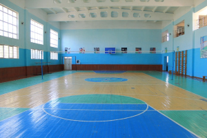 Große Turnhalle mit blau-weißem Boden, Basketballfeldmarkierungen, einem Netz an Pfosten, einer Tür, Fenstern, Wandplakaten, einem Geländer und einem Dach.