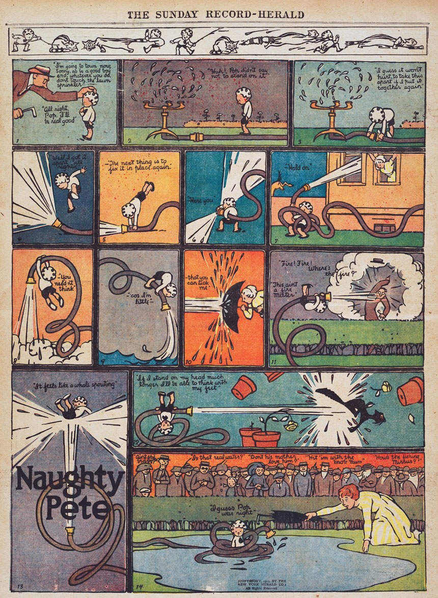 Öffne ein Comicbuch mit farbenfrohen Illustrationen von Charakteren und Szenen, begleitet von Text.