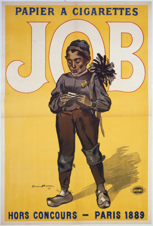 Ein Plakat mit einem jungen Jungen, der eine Zigarette hält, mit entschlossener Miene und wahrscheinlich einen Job ankündigendem Text.