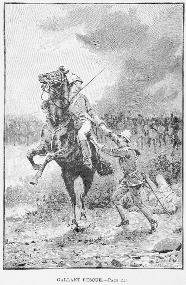 Eine Schwarz-Weiß-Zeichnung eines Mannes, der auf einem Pferd reitet, mit einer anderen Person, die einen Stock in der Hand hält, umgeben von Menschen, Pflanzen und einem Himmel, mit der Beschriftung "Gallant Rescue, Seite 217" unten.